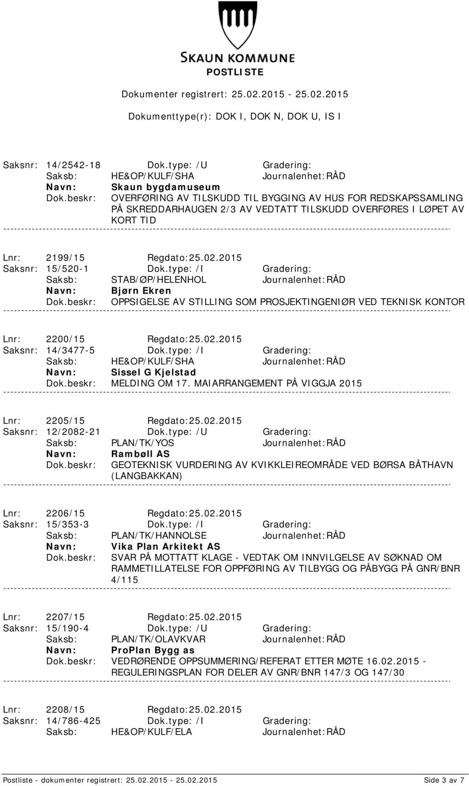 2015 Saksnr: 15/520-1 Dok.type: /I Gradering: Bjørn Ekren OPPSIGELSE AV STILLING SOM PROSJEKTINGENIØR VED TEKNISK KONTOR Lnr: 2200/15 Regdato:25.02.2015 Saksnr: 14/3477-5 Dok.