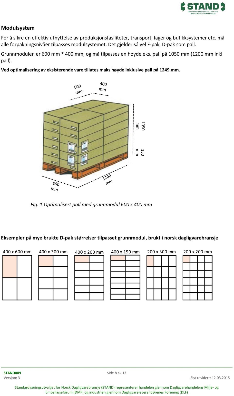 pall på 1050 mm (1200 mm inkl pall). Ved optimalisering av eksisterende vare tillates maks høyde inklusive pall på 1249 mm. 1050 mm 150 mm Fig.