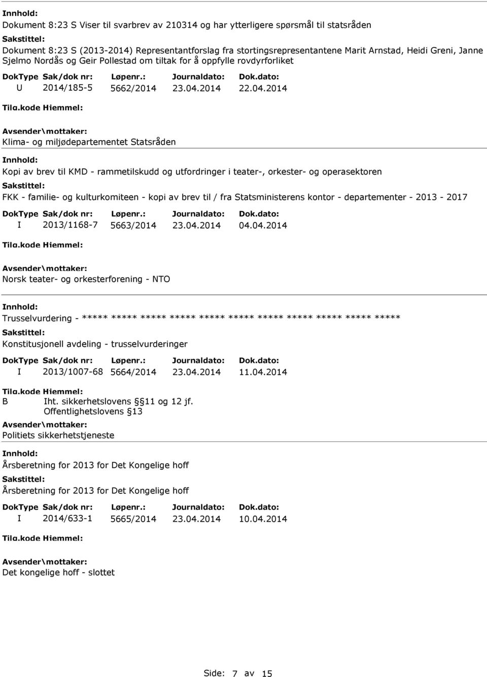 orkester- og operasektoren FKK - familie- og kulturkomiteen - kopi av brev til / fra Statsministerens kontor - departementer - 2013-2017 2013/1168-7 5663/2014 04.