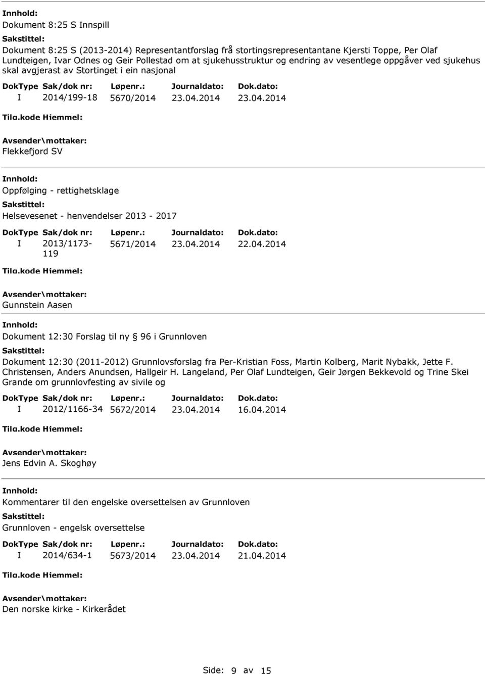 2013/1173-119 Løpenr.: 5671/2014 Gunnstein Aasen Dokument 12:30 Forslag til ny 96 i Grunnloven Dokument 12:30 (2011-2012) Grunnlovsforslag fra Per-Kristian Foss, Martin Kolberg, Marit Nybakk, Jette F.