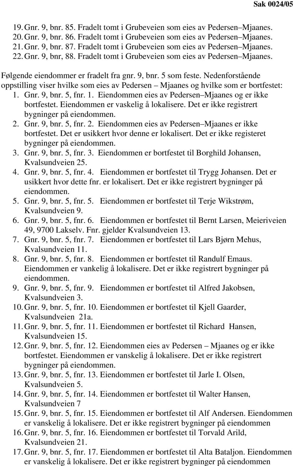 Nedenforstående oppstilling viser hvilke som eies av Pedersen Mjaanes og hvilke som er bortfestet: 1. Gnr. 9, bnr. 5, fnr. 1. Eiendommen eies av Pedersen Mjaanes og er ikke bortfestet.