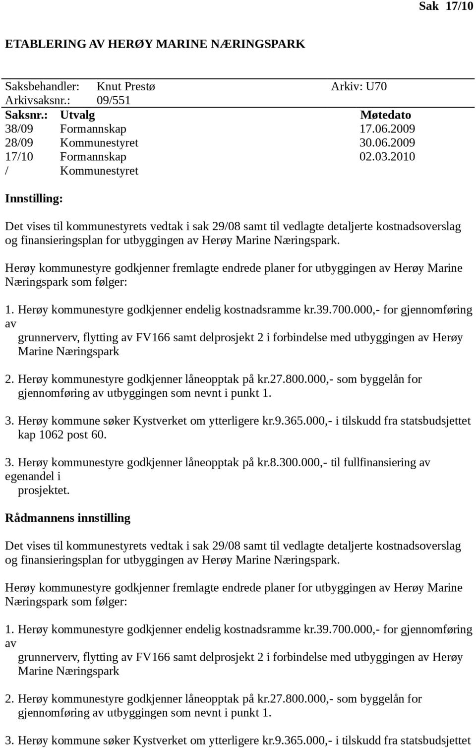 Herøy kommunestyre godkjenner fremlagte endrede planer for utbyggingen av Herøy Marine Næringspark som følger: 1. Herøy kommunestyre godkjenner endelig kostnadsramme kr.39.700.