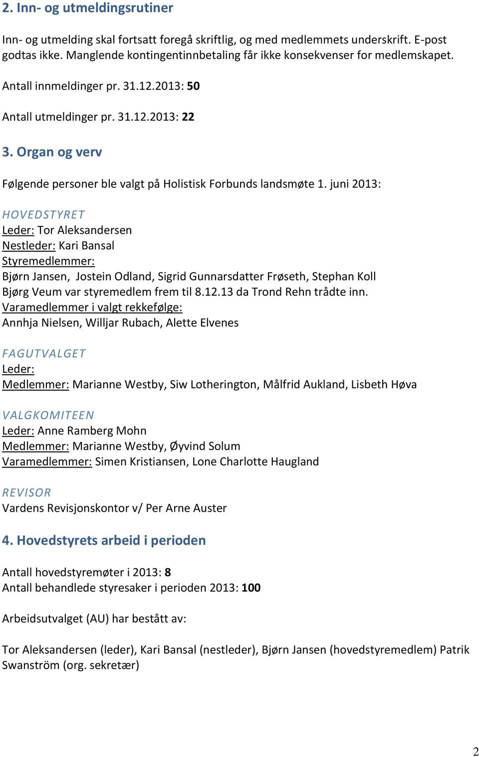 Organ og verv Følgende personer ble valgt på Holistisk Forbunds landsmøte 1.