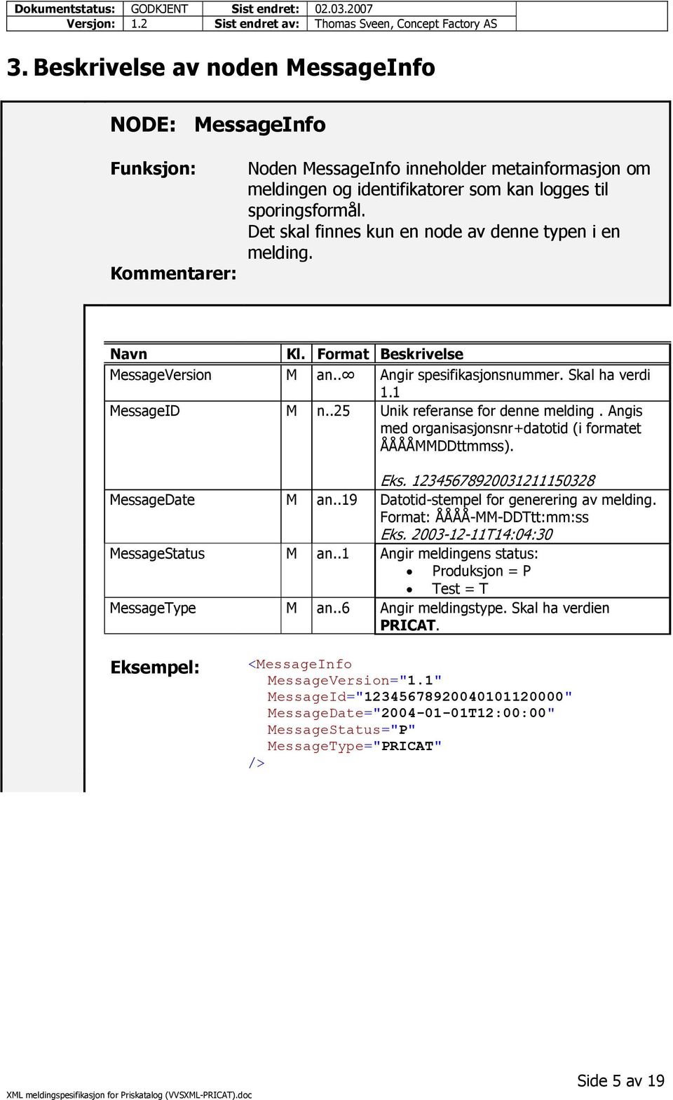 .25 Unik referanse for denne melding. Angis med organisasjonsnr+datotid (i formatet ÅÅÅÅMMDDttmmss). Eks. 12345678920031211150328 MessageDate M an..19 Datotid-stempel for generering av melding.