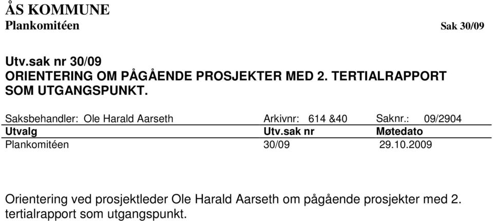 Saksbehandler: Ole Harald Aarseth Arkivnr: 614 &40 Saknr.: 09/2904 Utvalg Utv.