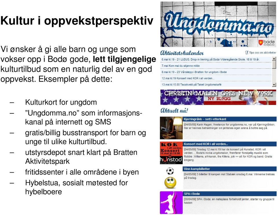 no som informasjonskanal på internett og SMS gratis/billig busstransport for barn og unge til ulike kulturtilbud.