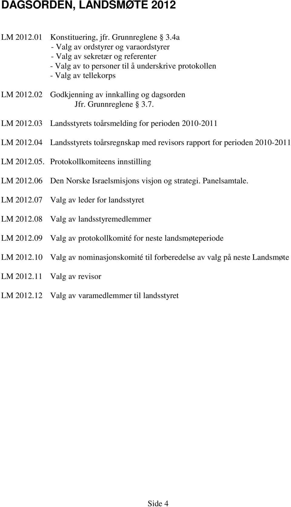 Grunnreglene 3.7. LM 2012.03 Landsstyrets toårsmelding for perioden 2010-2011 LM 2012.04 Landsstyrets toårsregnskap med revisors rapport for perioden 2010-2011 LM 2012.05.
