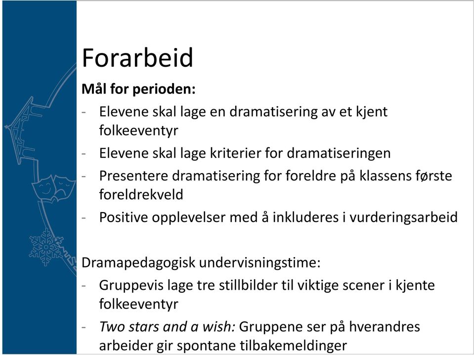 opplevelser med å inkluderes i vurderingsarbeid Dramapedagogisk undervisningstime: - Gruppevis lage tre stillbilder