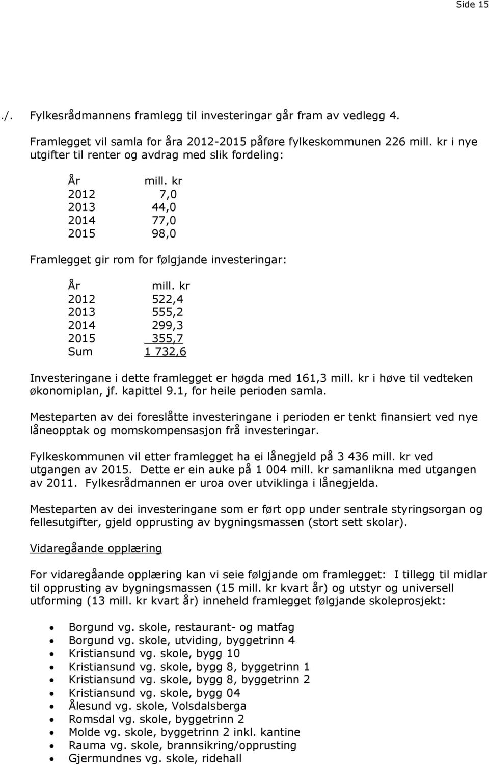 kr 2012 522,4 2013 555,2 2014 299,3 2015 355,7 Sum 1 732,6 Investeringane i dette framlegget er høgda med 161,3 mill. kr i høve til vedteken økonomiplan, jf. kapittel 9.1, for heile perioden samla.