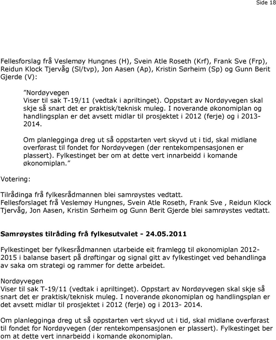 I noverande økonomiplan og handlingsplan er det avsett midlar til prosjektet i 2012 (ferje) og i 2013-2014.