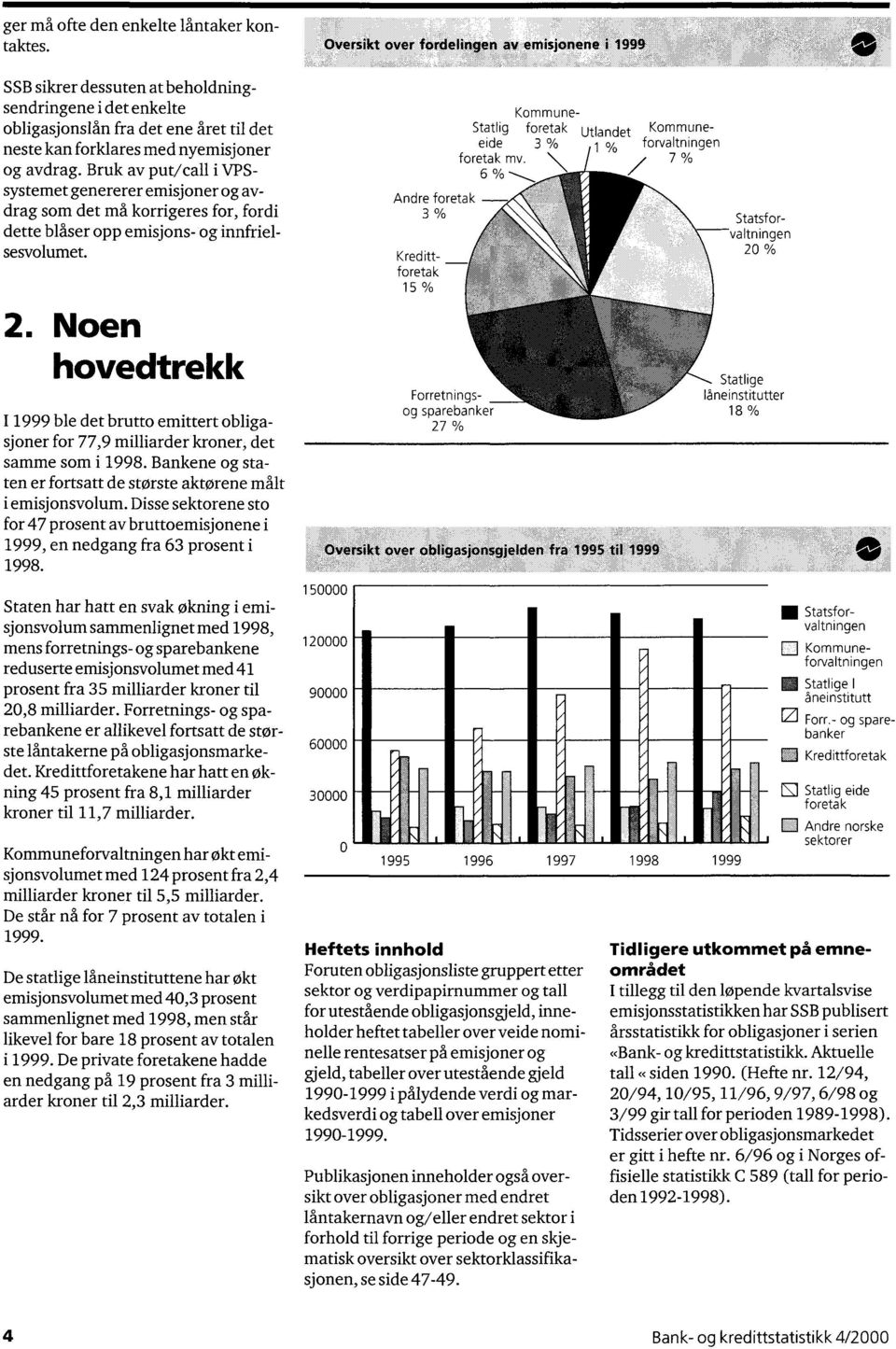 . Noen hovedtrekk I 1999 ble det brutto emittert obligasjoner for 77,9 milliarder kroner, det samme som i 1998. Bankene og staten er fortsatt de største aktørene målt i emisjonsvolum.