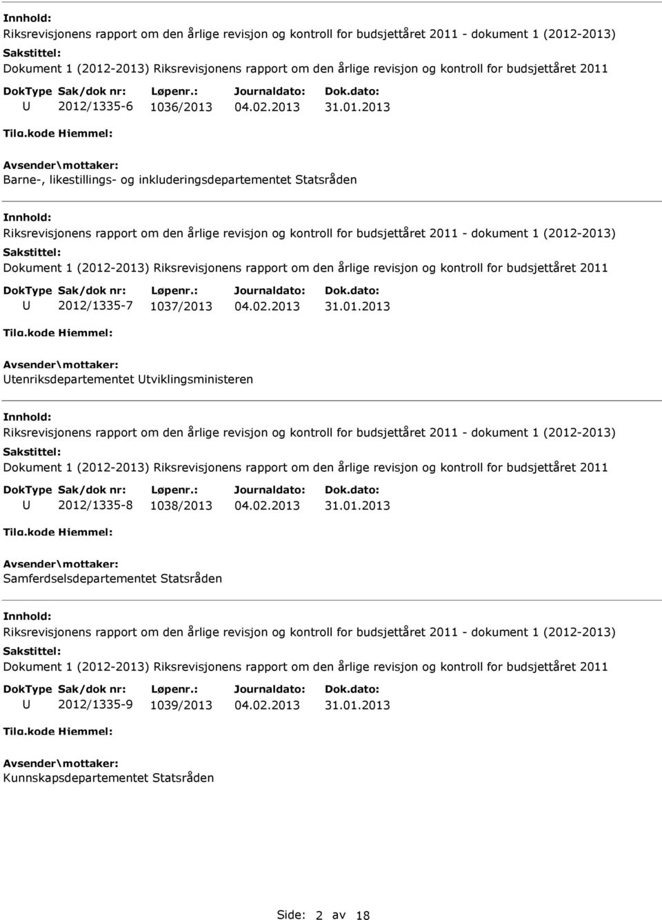 tenriksdepartementet tviklingsministeren Riksrevisjonens rapport om den årlige revisjon og kontroll for budsjettåret 2011 - dokument 1 (2012-2013) 2012/1335-8 1038/2013