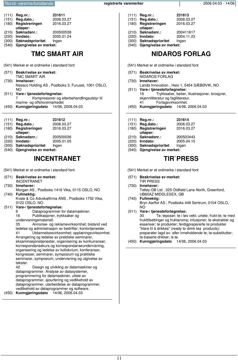 24 TMC SMART AIR TMC SMART AIR Nessco Holding AS, Postboks 3, Furuset, 1001 OSLO, 7 Kompressorer og etterbehandlingsutstyr til marine- og offshoremarkedet (111) Reg.nr.: 231613 (151) Reg.dato.: 2006.