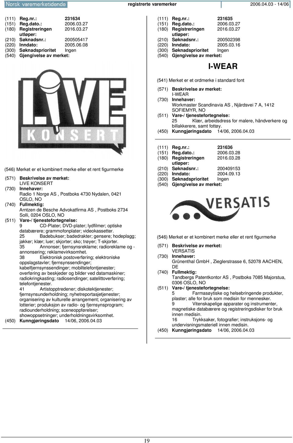 LIVE KONSERT Radio 1 Norge AS, Postboks 4730 Nydalen, 0421 OSLO, Arntzen de Besche Advokatfirma AS, Postboks 2734 Solli, 0204 OSLO, 9 CD-Plater; DVD-plater; lydfilmer; optiske databærere;