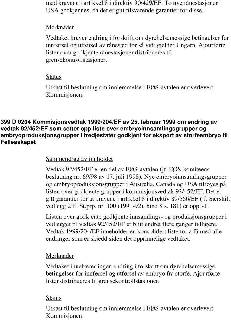 Ajourførte lister over godkjente rånestasjoner distribueres til grensekontrollstasjoner. Utkast til beslutning om innlemmelse i EØS-avtalen er overlevert Kommisjonen.