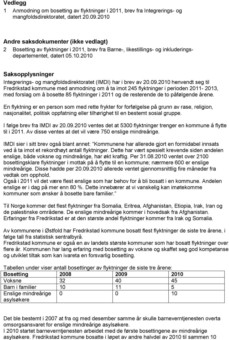 09.2010 henvendt seg til Fredrikstad kommune med anmodning om å ta imot 245 flyktninger i perioden 2011-2013, med forslag om å bosette 85 flyktninger i 2011 og de resterende de to påfølgende årene.