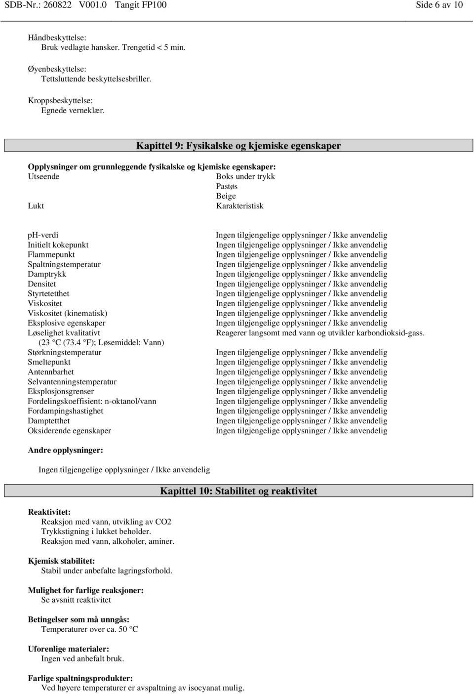 Flammepunkt Spaltningstemperatur Damptrykk Densitet Styrtetetthet Viskositet Viskositet (kinematisk) Eksplosive egenskaper Løselighet kvalitativt (23 C (73.