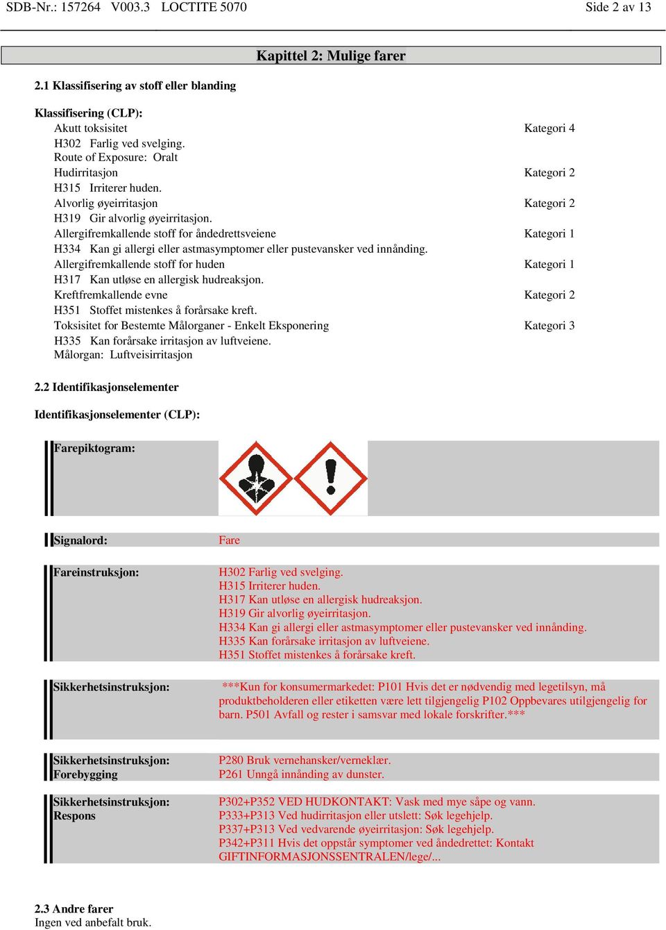 Allergifremkallende stoff for åndedrettsveiene Kategori 1 H334 Kan gi allergi eller astmasymptomer eller pustevansker ved innånding.