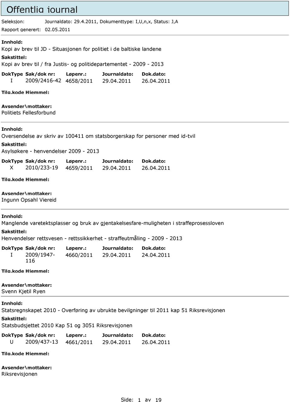 2011 Politiets Fellesforbund Oversendelse av skriv av 10041