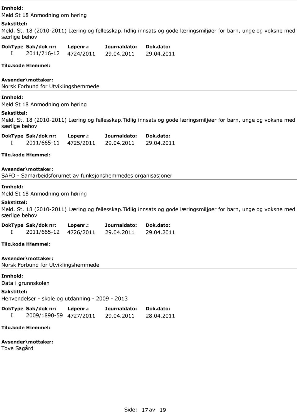 voksne med særlige behov 2011/665-11 4725/2011 SAFO - Samarbeidsforumet av funksjonshemmedes organisasjoner tidlig innsats og gode læringsmiljøer for barn, unge og voksne med særlige behov