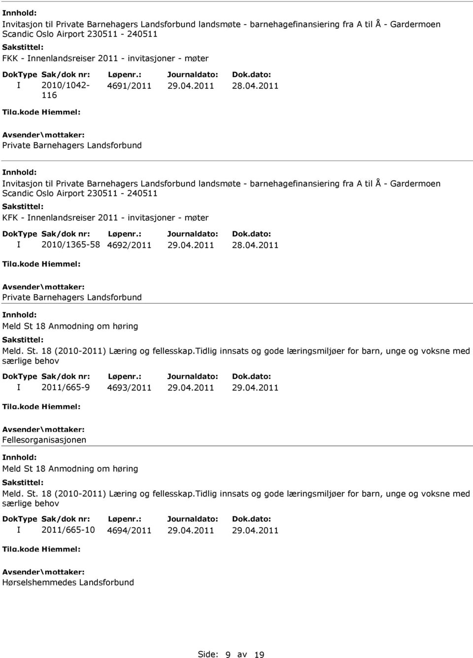 KFK - nnenlandsreiser 2011 - invitasjoner - møter 2010/1365-58 4692/2011 Private Barnehagers Landsforbund Meld St 18 Anmodning om høring Meld. St. 18 (2010-2011) Læring og fellesskap.