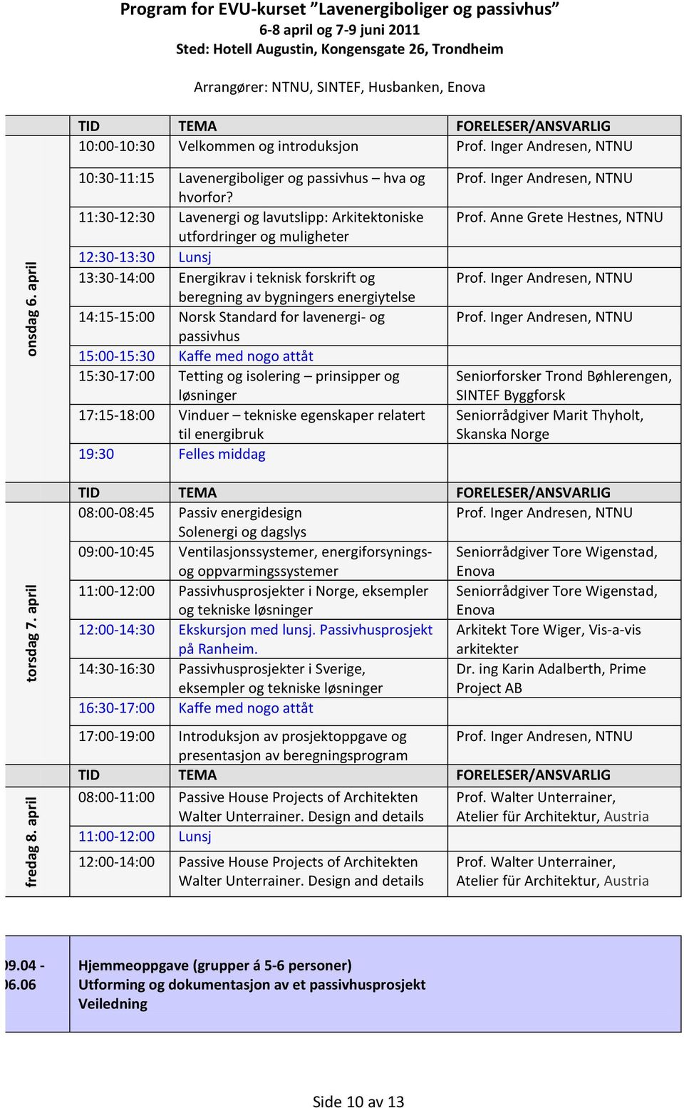 11:30-12:30 Lavenergi og lavutslipp: Arkitektoniske utfordringer og muligheter 12:30-13:30 Lunsj 13:30-14:00 Energikrav i teknisk forskrift og beregning av bygningers energiytelse 14:15-15:00 Norsk