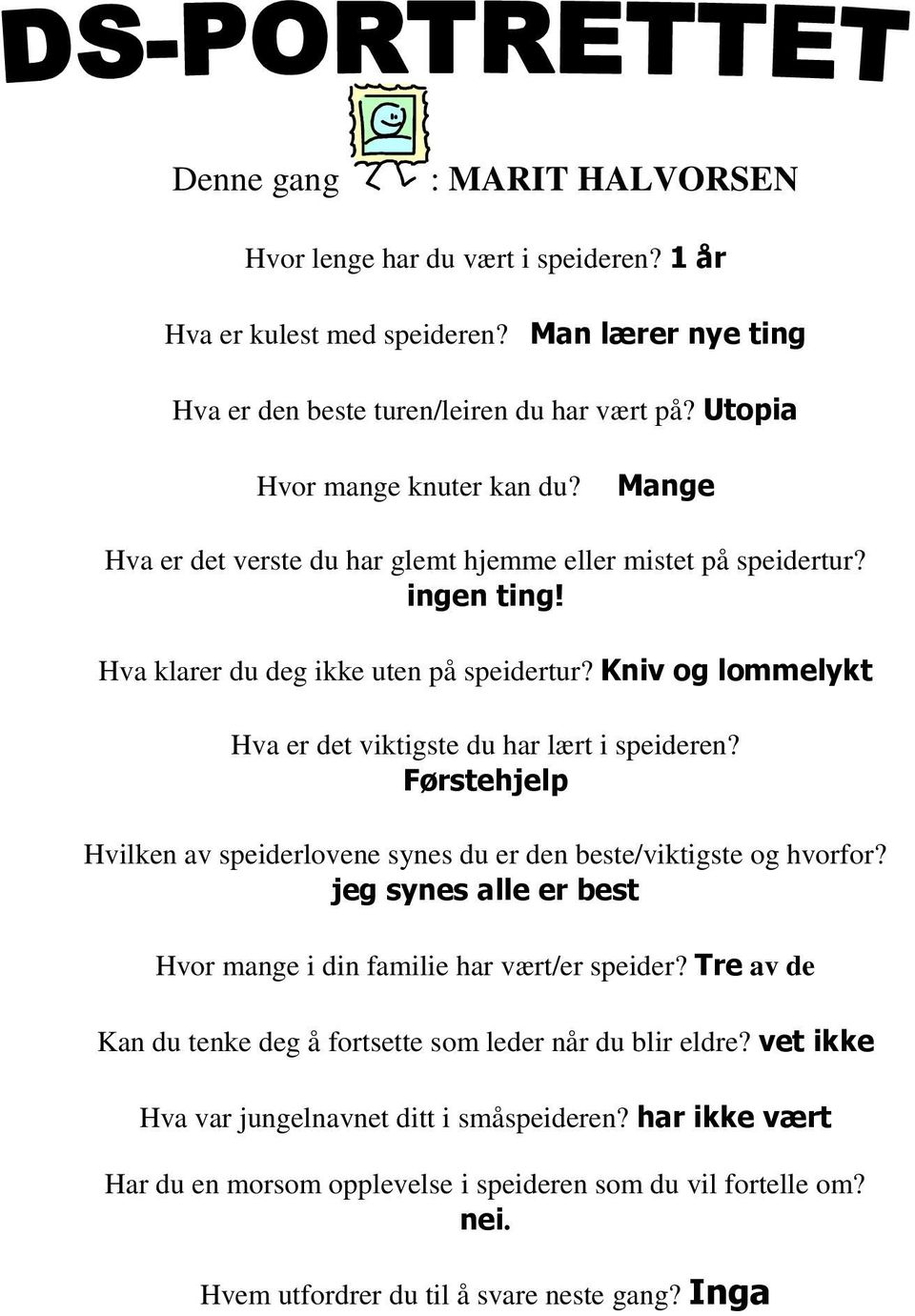 Førstehjelp Hvilken av speiderlovene synes du er den beste/viktigste og hvorfor? jeg synes alle er best Hvor mange i din familie har vært/er speider?