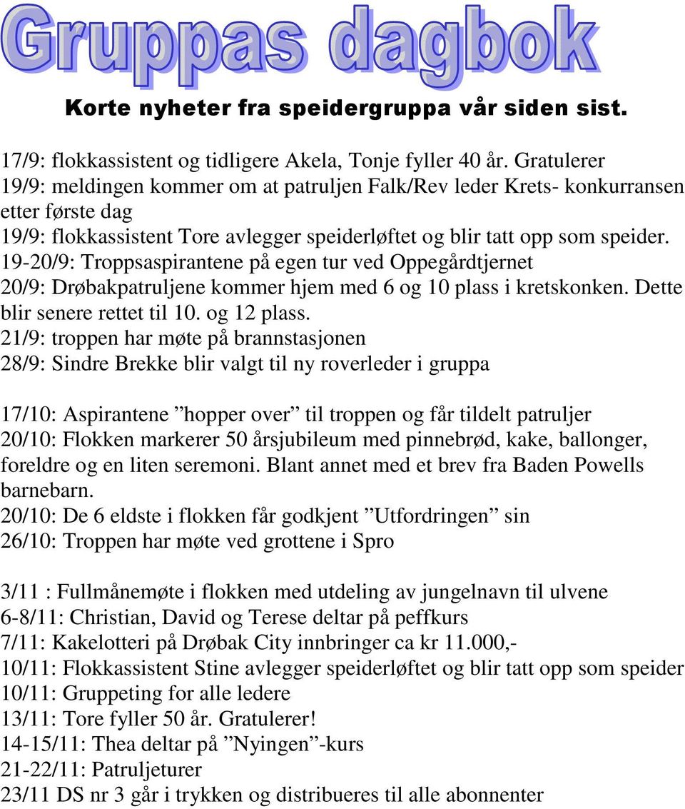 19-20/9: Troppsaspirantene på egen tur ved Oppegårdtjernet 20/9: Drøbakpatruljene kommer hjem med 6 og 10 plass i kretskonken. Dette blir senere rettet til 10. og 12 plass.