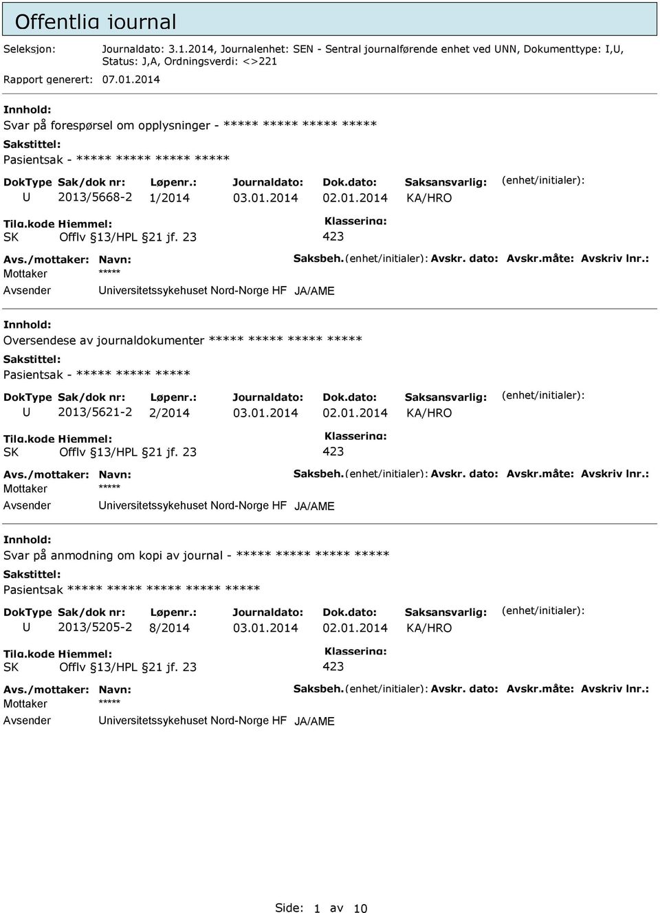 om opplysninger - ***** ***** ***** ***** ***** 2013/5668-2 1/2014 Mottaker ***** niversitetssykehuset Nord-Norge HF Oversendese av