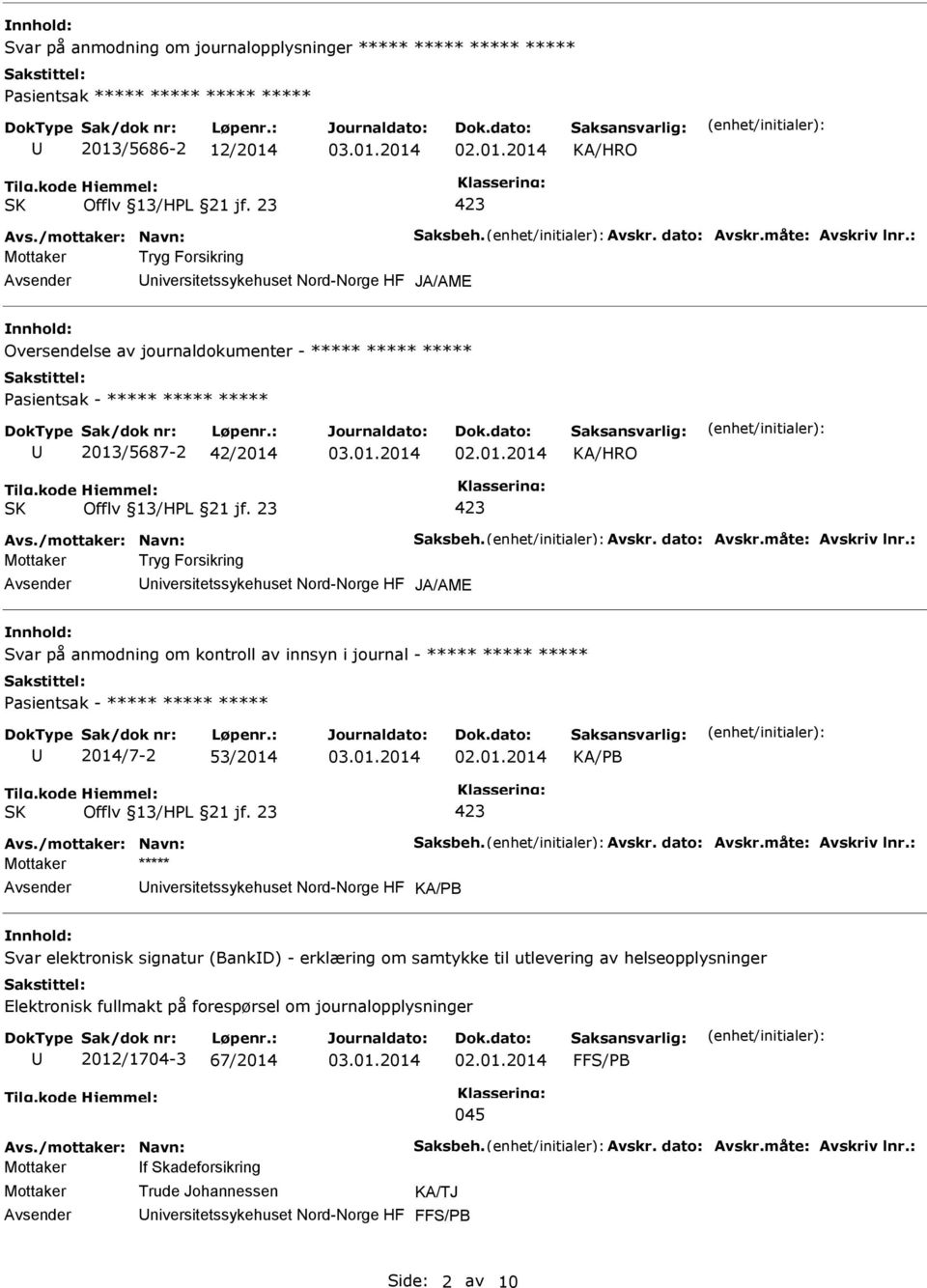 ***** ***** ***** 2014/7-2 53/2014 KA/PB Mottaker ***** niversitetssykehuset Nord-Norge HF KA/PB Svar elektronisk signatur (BankD) - erklæring om samtykke til utlevering av helseopplysninger