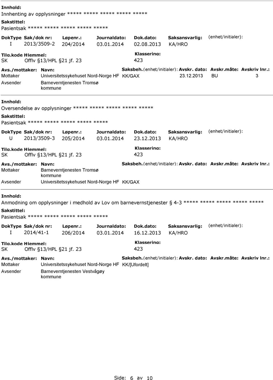 2013 Mottaker Barneverntjenesten Tromsø kommune niversitetssykehuset Nord-Norge HF KK/GAX Anmodning om opplysninger i medhold av Lov om