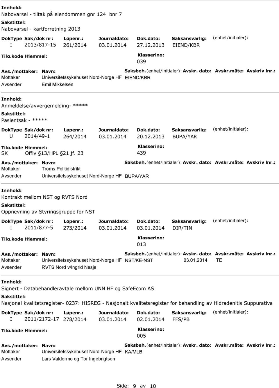 2013 EEND/KBR 039 Mottaker niversitetssykehuset Nord-Norge HF EEND/KBR Emil Mikkelsen Anmeldelse/avvergemelding- ***** Pasientsak - ***** 2014/49-1 264/2014 20.12.