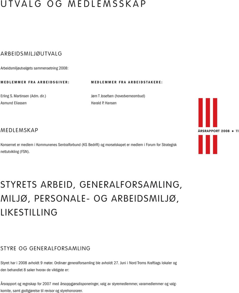 Hansen MEDLEMSKAP ÅRSRAPPORT 2008 11 Konsernet er medlem i Kommunenes Sentralforbund (KS Bedrift) og morselskapet er medlem i Forum for Strategisk nettutvikling (FSN).