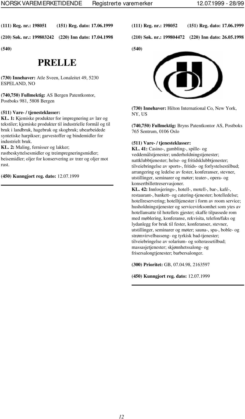 1998 PRELLE (730) Innehaver: Atle Sveen, Lonaleitet 49, 5230 ESPELAND, NO (740,750) Fullmektig: AS Bergen Patentkontor, Postboks 981, 5808 Bergen KL.