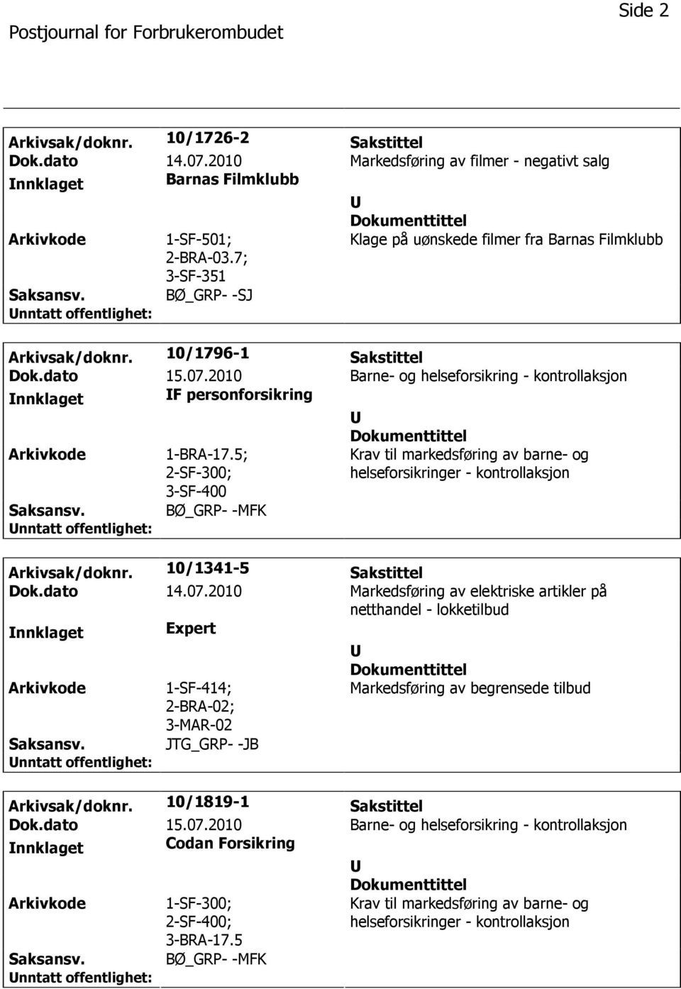 2010 Barne- og helseforsikring - kontrollaksjon nnklaget F personforsikring 1-BRA-17.5; 2-SF-300; 3-SF-400 BØ_GRP- -MFK Arkivsak/doknr. 10/1341-5 Sakstittel Dok.dato 14.07.