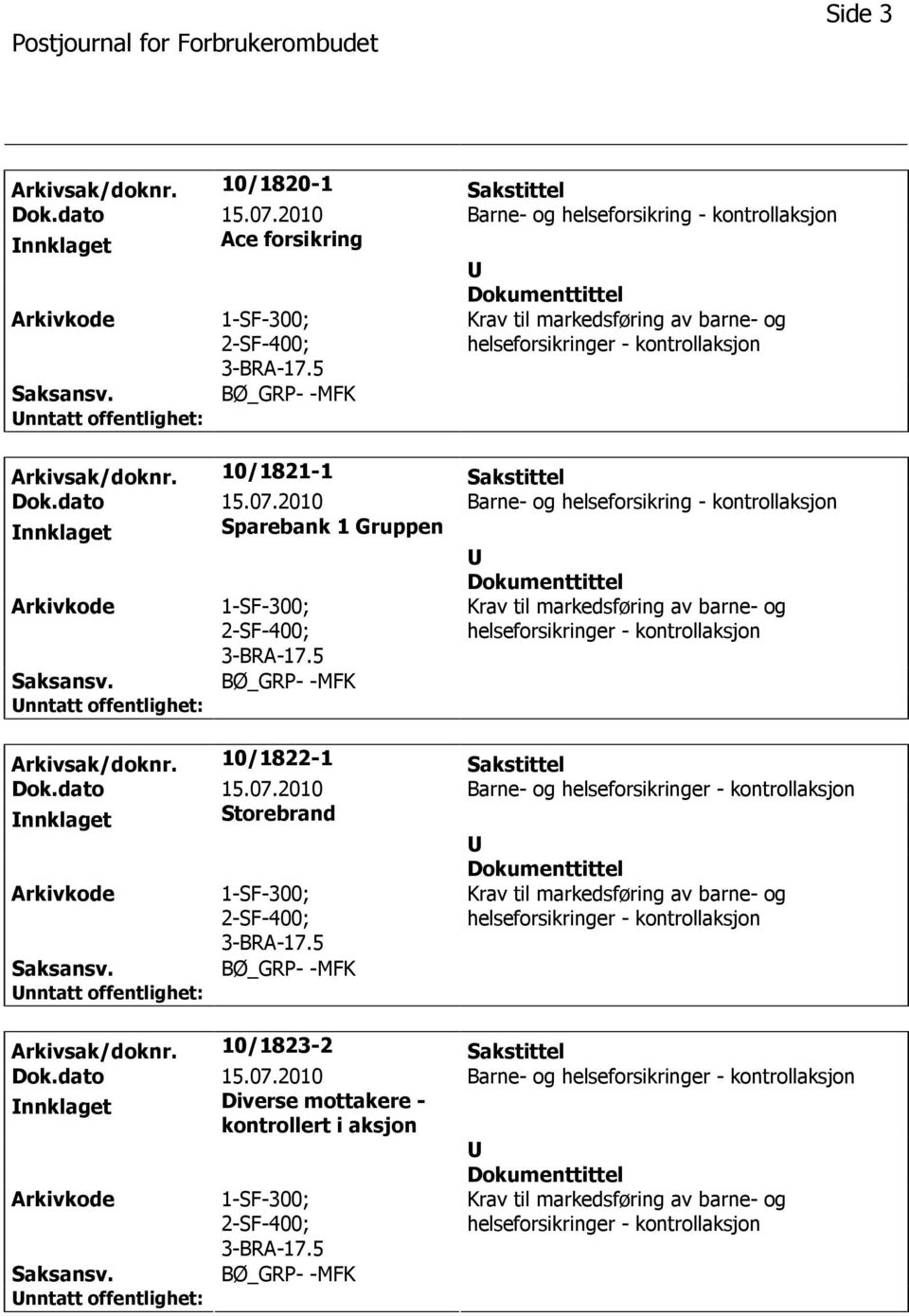 2010 Barne- og helseforsikring - kontrollaksjon nnklaget Sparebank 1 Gruppen 1-SF-300; 2-SF-400; 3-BRA-17.5 BØ_GRP- -MFK Arkivsak/doknr.
