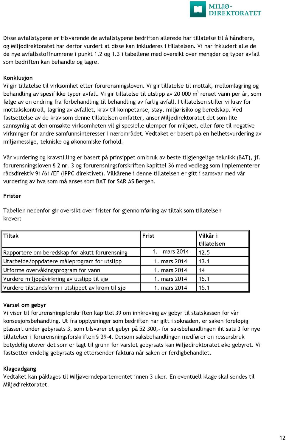 Konklusjon Vi gir tillatelse til virksomhet etter forurensningsloven. Vi gir tillatelse til mottak, mellomlagring og behandling av spesifikke typer avfall.