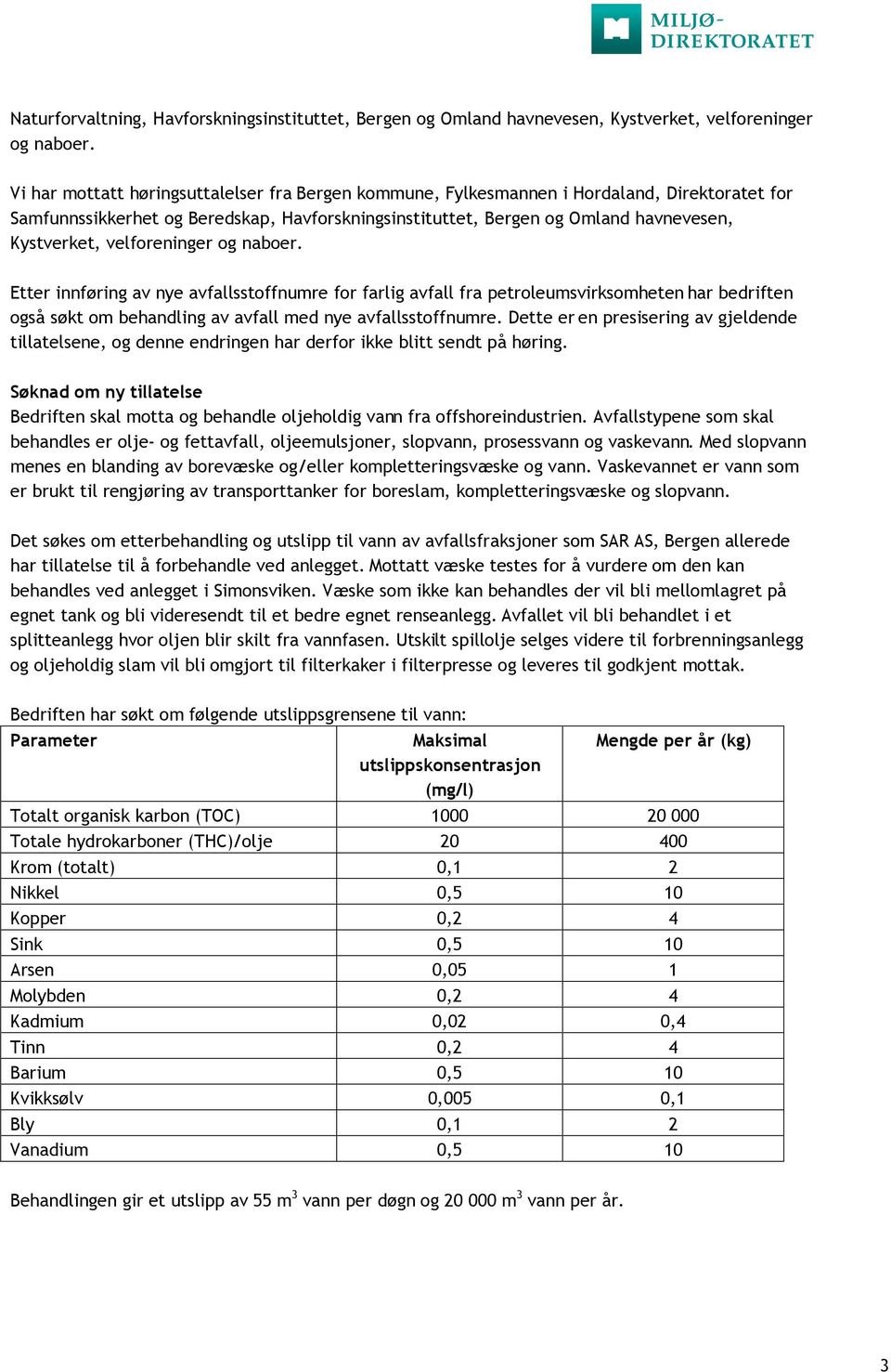 velforeninger og naboer. Etter innføring av nye avfallsstoffnumre for farlig avfall fra petroleumsvirksomheten har bedriften også søkt om behandling av avfall med nye avfallsstoffnumre.