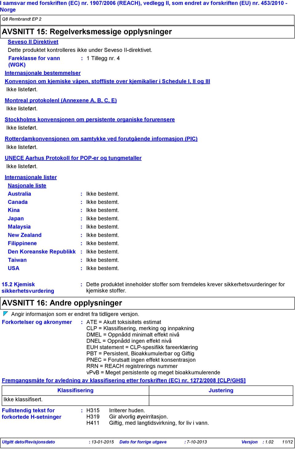 Fareklasse for vann (WGK) Internasjonale bestemmelser Konvensjon om kjemiske våpen, stoffliste over kjemikalier i Schedule I, II og III Ikke listeført.