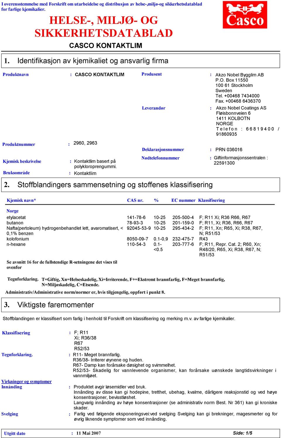 Kontaktlim Produsent Leverandør Deklarasjonsnummer PRN 036016 Nødtelefonnummer Stoffblandingers sammensetning og stoffenes klassifisering Akzo Nobel Bygglim AB P.O.