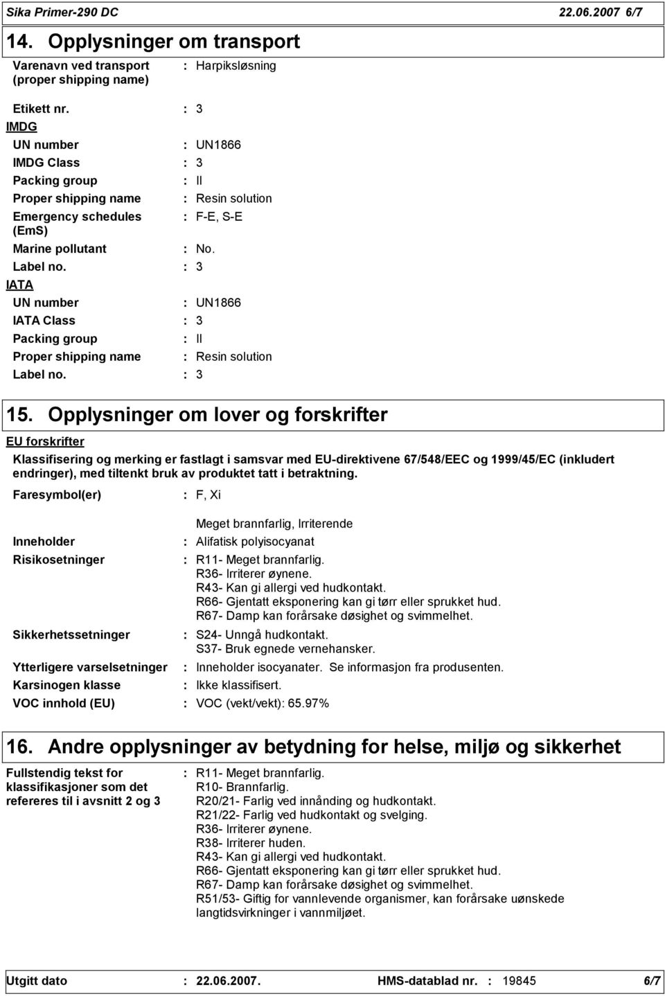 Harpiksløsning UN1866 II Resin solution F-E, S-E No. UN1866 II Resin solution 15.