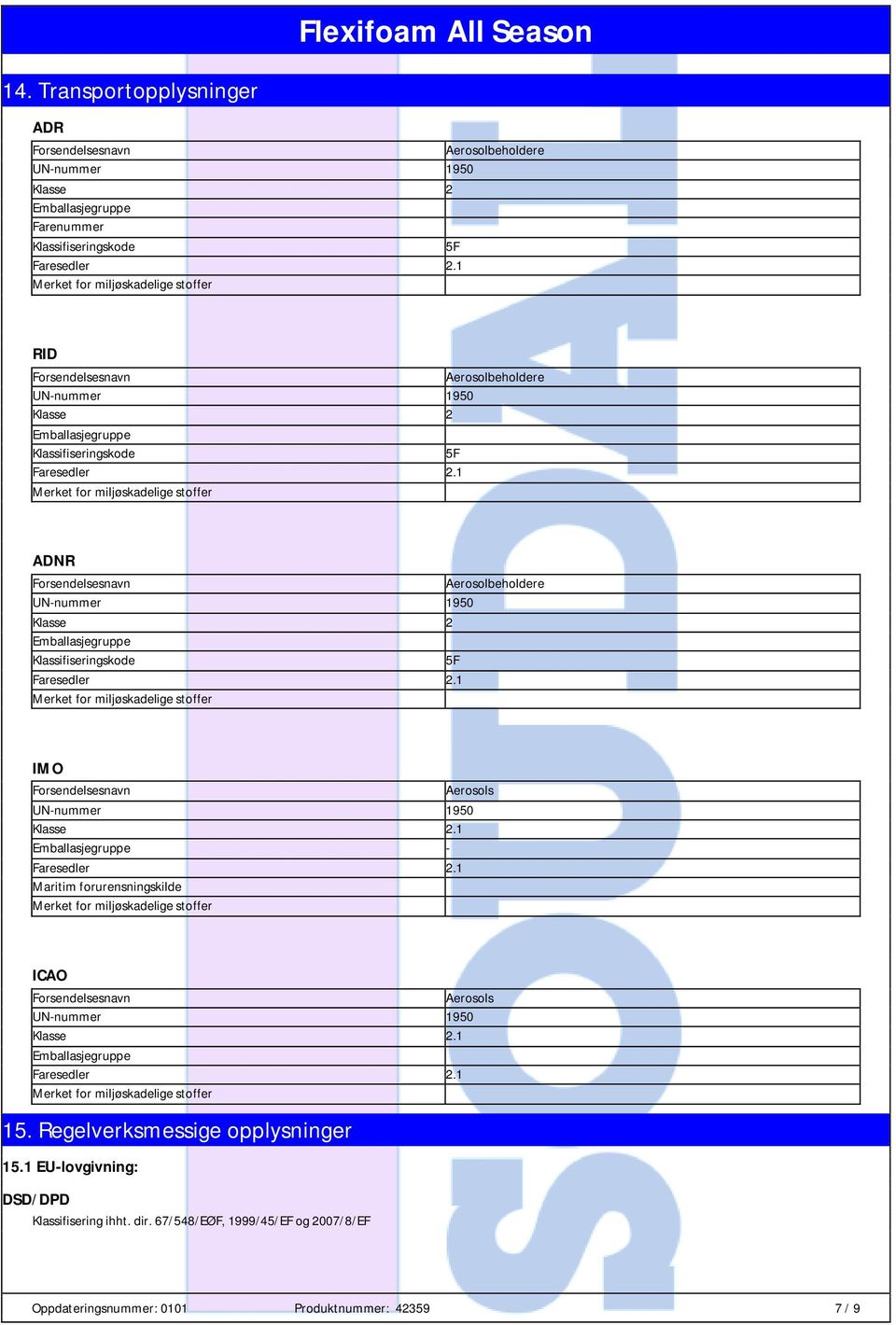 Klasse 2.1 Emballasjegruppe - Maritim forurensningskilde ICAO Aerosols Klasse 2.1 Emballasjegruppe 15.