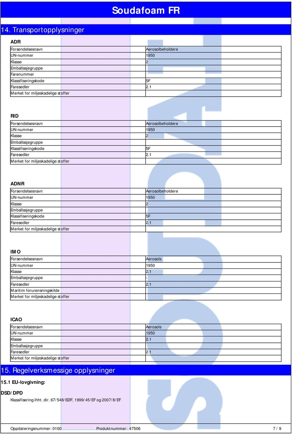 IMO Aerosols Klasse 2.1 Emballasjegruppe - Maritim forurensningskilde ICAO Aerosols Klasse 2.1 Emballasjegruppe 15.