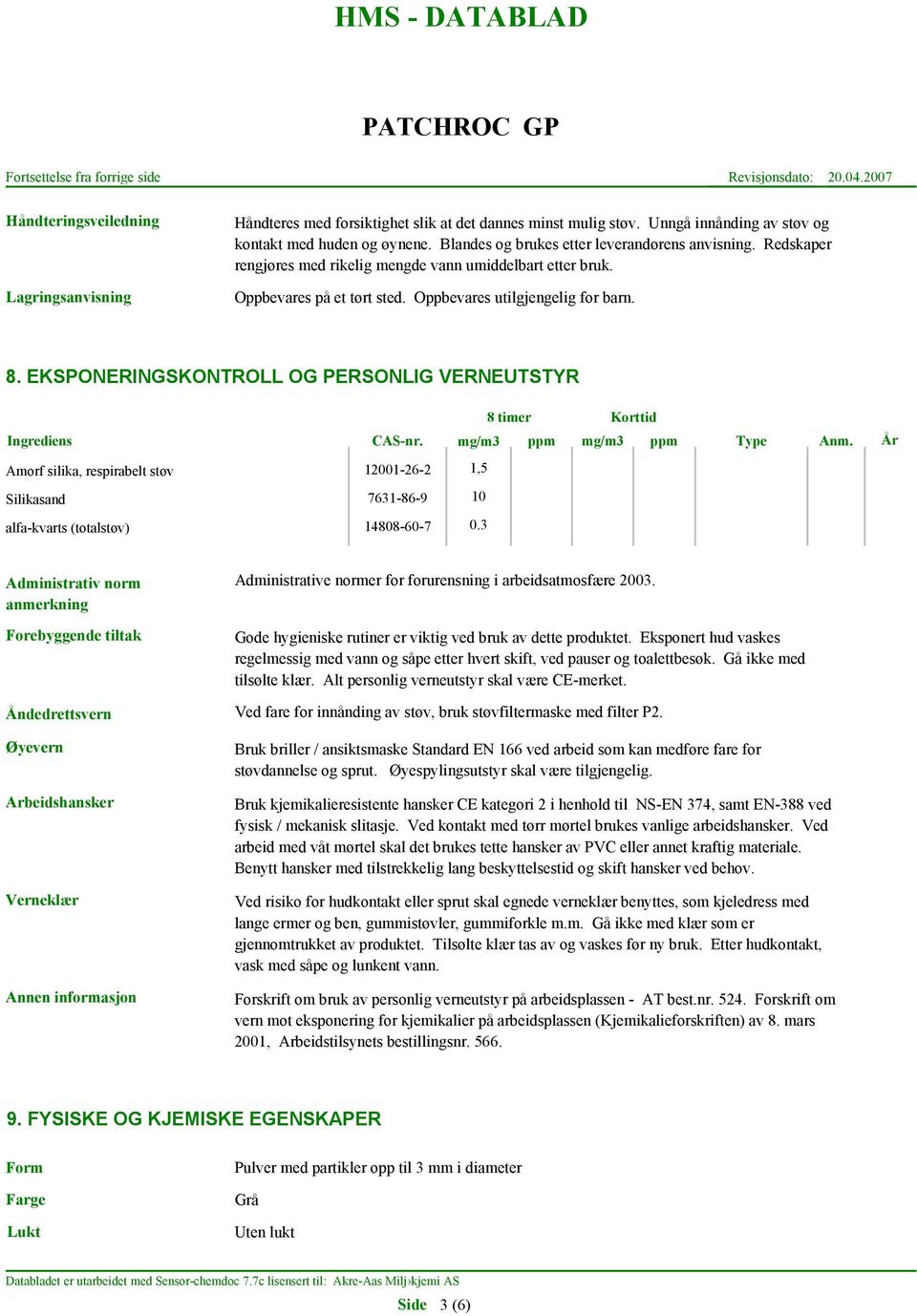 EKSPONERINGSKONTROLL OG PERSONLIG VERNEUTSTYR 8 timer Korttid Ingrediens CAS-nr. mg/m3 ppm mg/m3 ppm Type Anm.