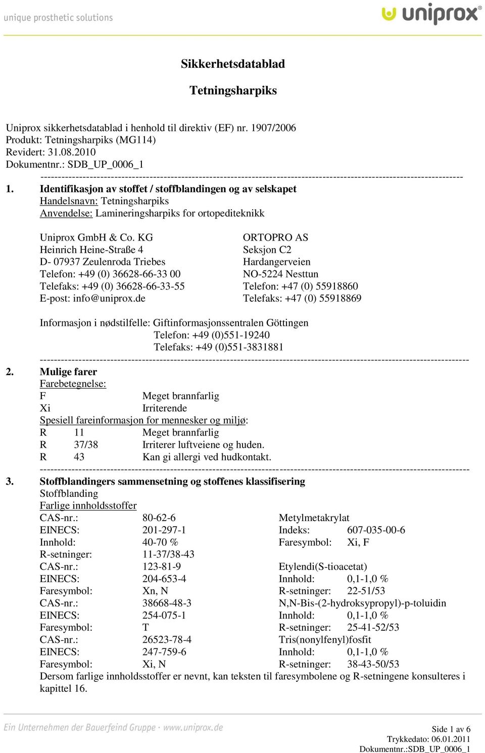 Identifikasjon av stoffet / stoffblandingen og av selskapet Handelsnavn: Tetningsharpiks Anvendelse: Lamineringsharpiks for ortopediteknikk Uniprox GmbH & Co.