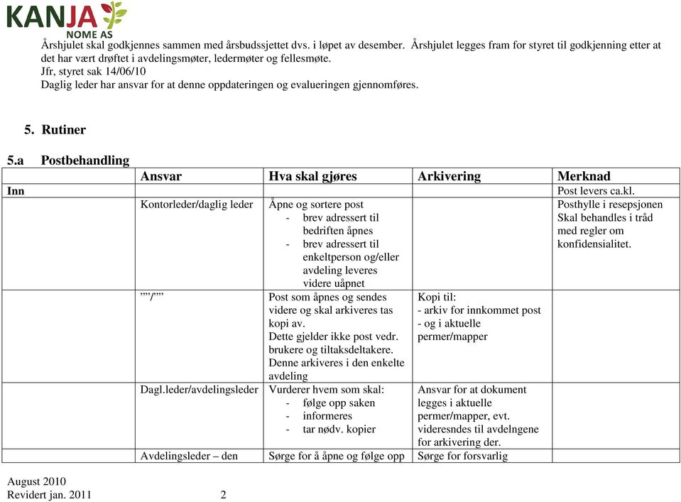 2011 2 Ansvar Hva skal gjøres Arkivering Merknad Inn Post levers ca.kl.