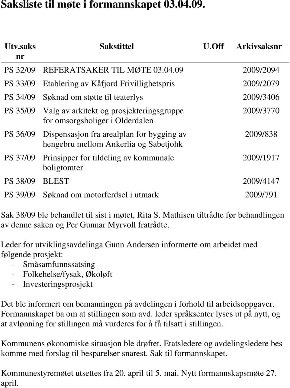 09 2009/2094 PS 33/09 Etablering av Kåfjord Frivillighetspris 2009/2079 PS 34/09 Søknad om støtte til teaterlys 2009/3406 PS 35/09 Valg av arkitekt og prosjekteringsgruppe 2009/3770 for