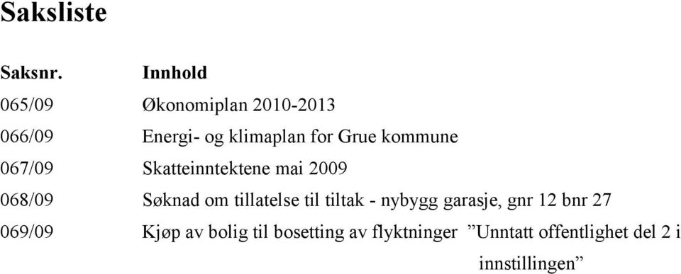 kommune 067/09 Skatteinntektene mai 2009 068/09 Søknad om tillatelse til