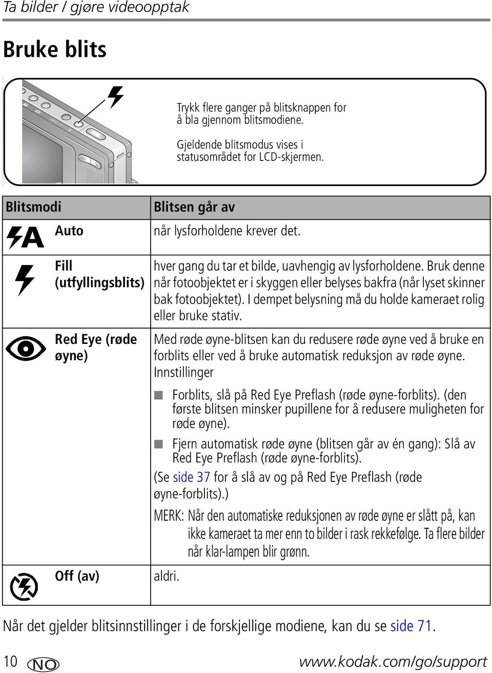 Bruk denne når fotoobjektet er i skyggen eller belyses bakfra (når lyset skinner bak fotoobjektet). I dempet belysning må du holde kameraet rolig eller bruke stativ.