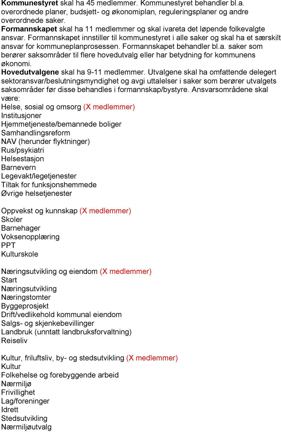 Formannskapet behandler bl.a. saker som berører saksområder til flere hovedutvalg eller har betydning for kommunens økonomi. Hovedutvalgene skal ha 9-11 medlemmer.